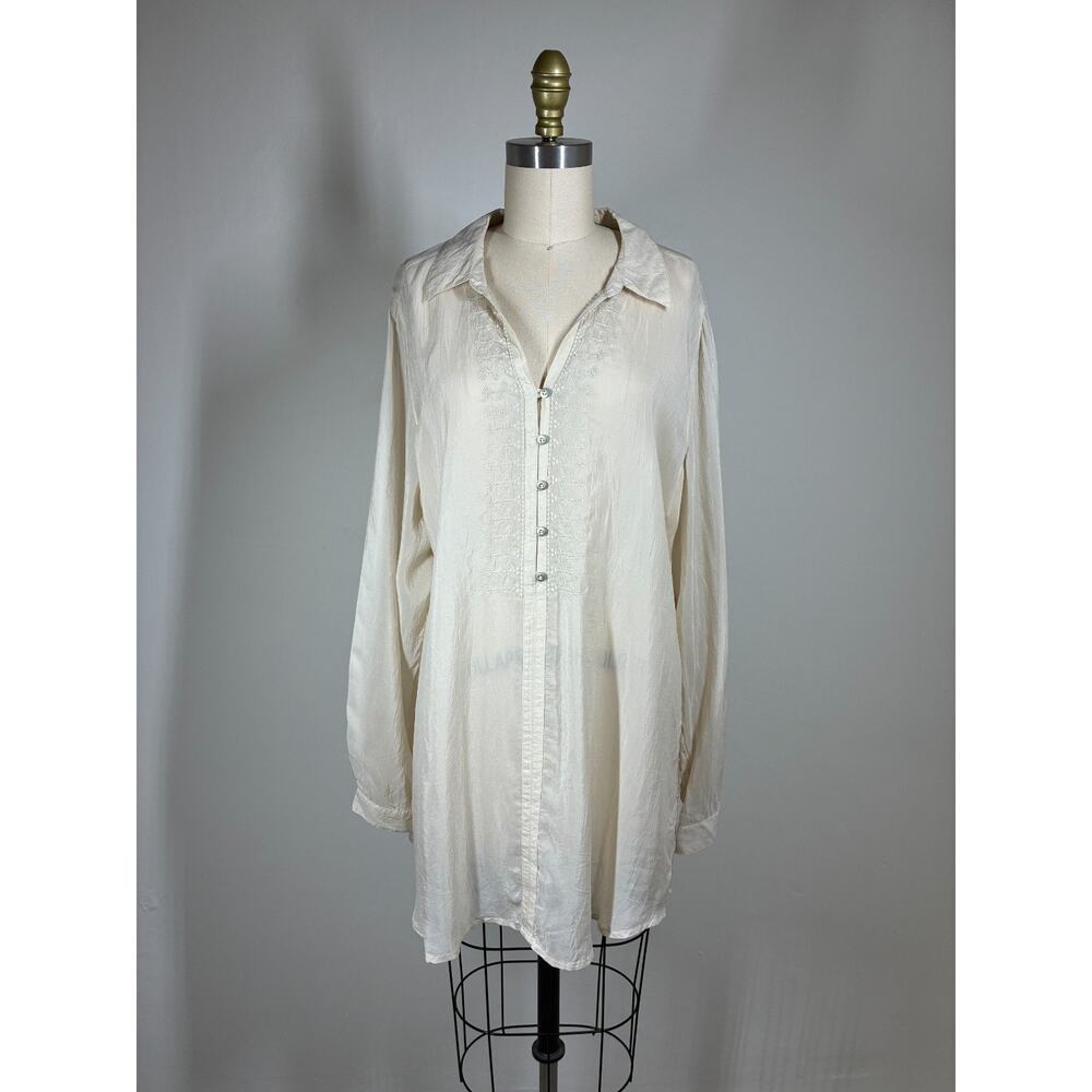 J Jill Uncommon Threads Semi Sheer Crinkled Blouse Tunic Top Large Beige Fairy - Picture 5 of 16